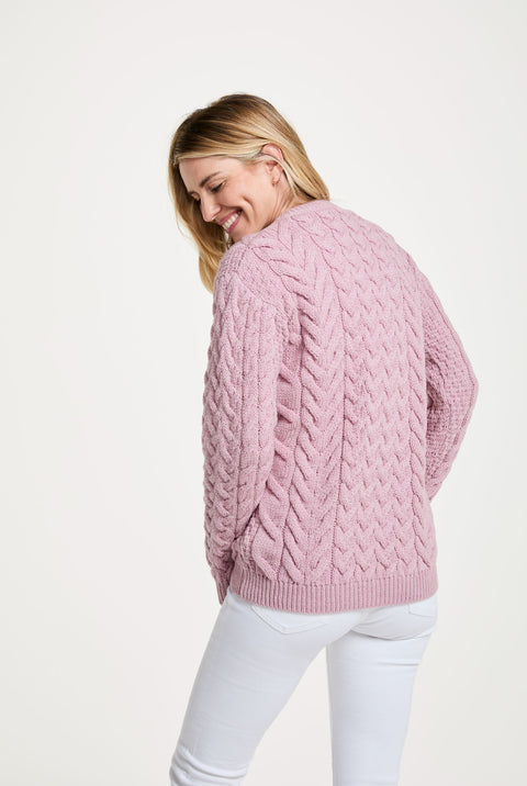 Omey Ladies Aran Crew Neck Sweater - Pink