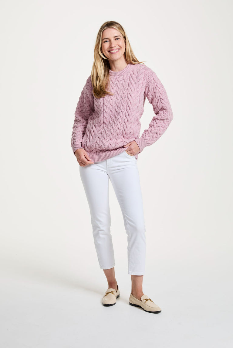 Omey Ladies Aran Crew Neck Sweater - Pink