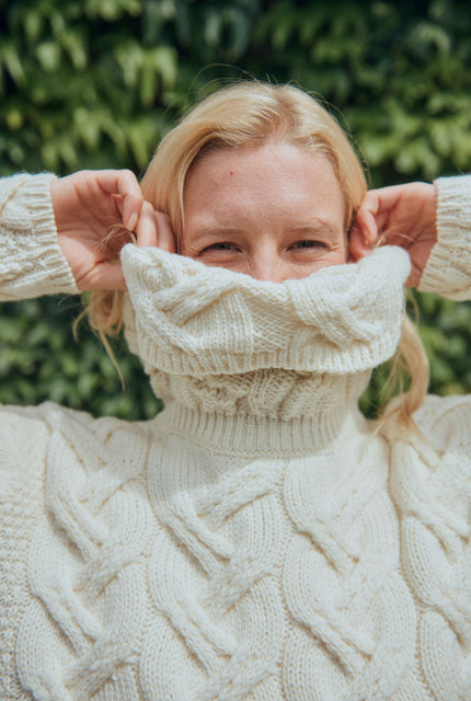 Merino wool, sweater, knitwear, made in Ireland, aran knitwear, woollen cardigan,aran, cream, ladies' cardigan, Ireland, roll neck jumper