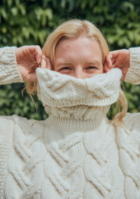 Merino wool, sweater, knitwear, made in Ireland, aran knitwear, woollen cardigan,aran, cream, ladies' cardigan, Ireland, roll neck jumper