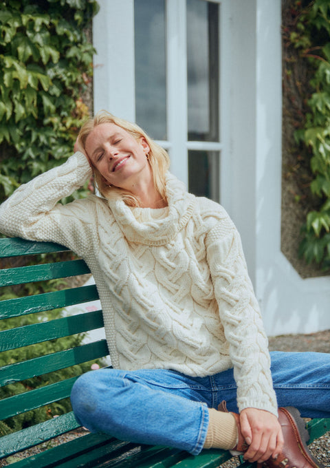 Merino wool, sweater, knitwear, made in Ireland, aran knitwear, woollen jumper,aran, cream sweater, ladies' sweater, Ireland, roll neck jumper