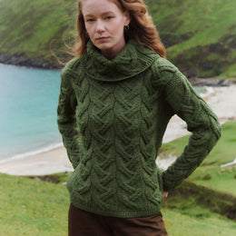 Kinsale Damen Aran-Pullover mit Zopfmuster - Grün