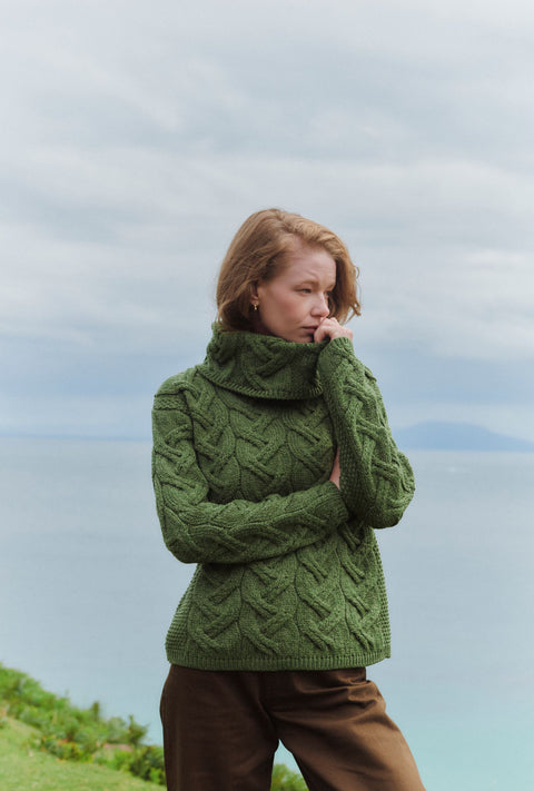 Kinsale Ladies Cable Aran Sweater - Green