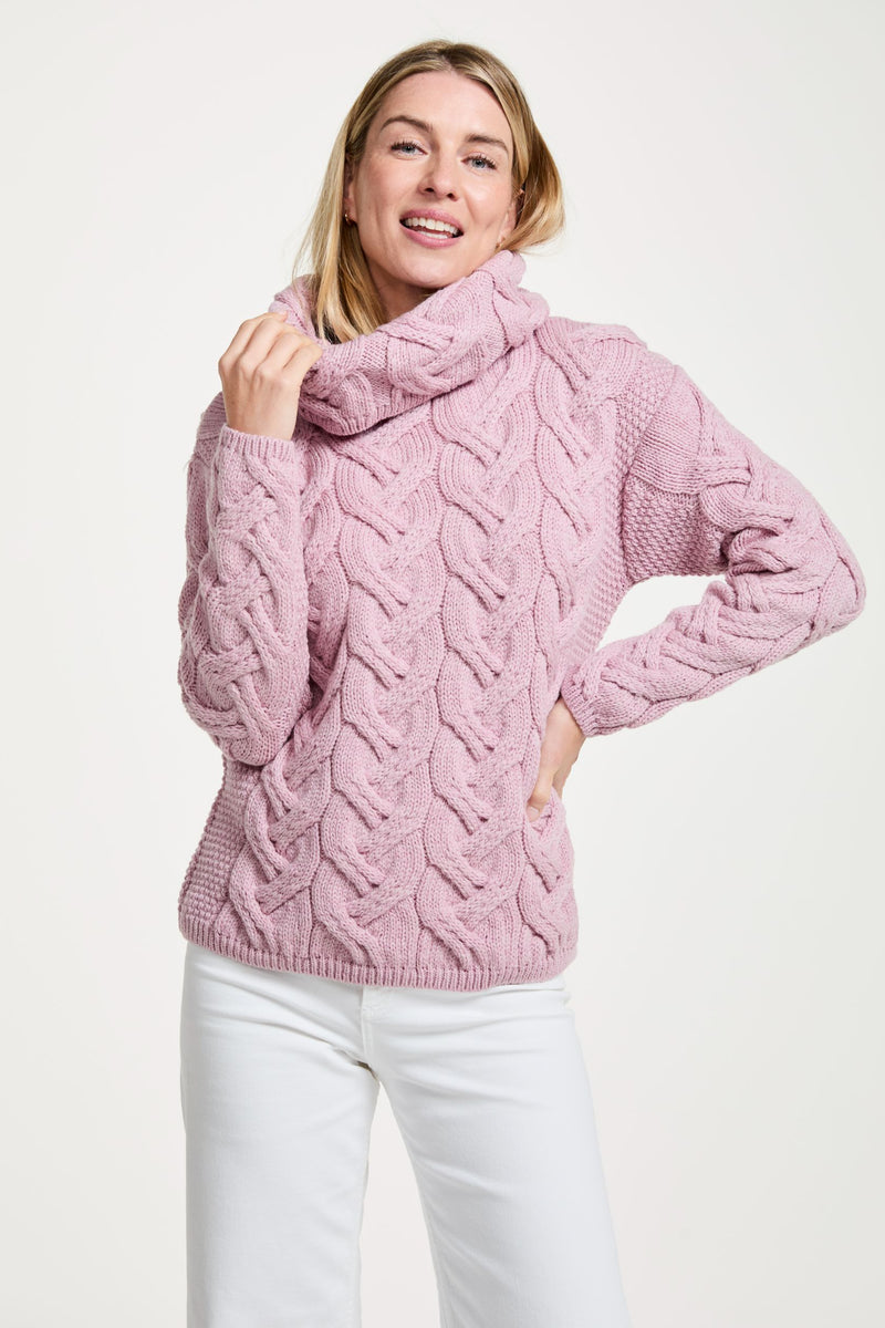 Merino wool sweater,  Aran sweater, women's sweater, knitwear, jumper, Ireland, made in Ireland, wool jumper,cable knit,pink