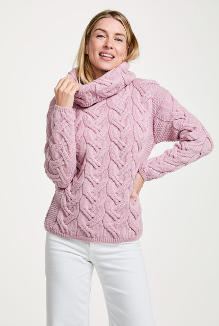 Merino wool sweater,  Aran sweater, women's sweater, knitwear, jumper, Ireland, made in Ireland, wool jumper,cable knit,pink