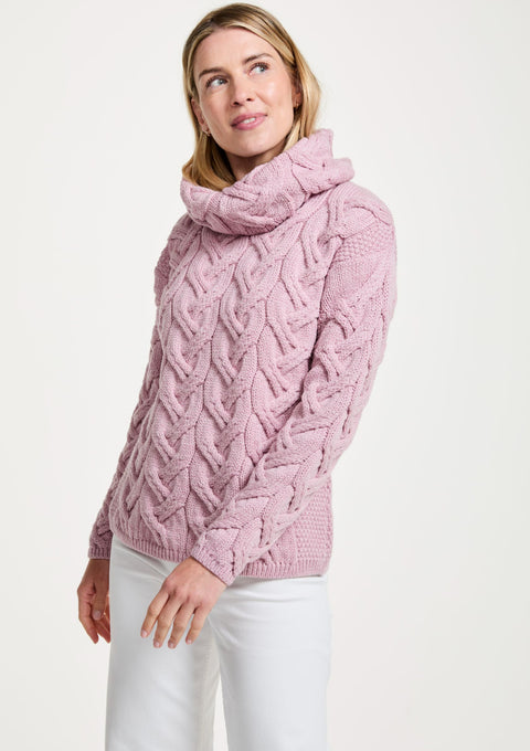 Merino wool sweater,  Aran sweater, women's sweater, knitwear, jumper, Ireland, made in Ireland, wool jumper,cable knit,pink