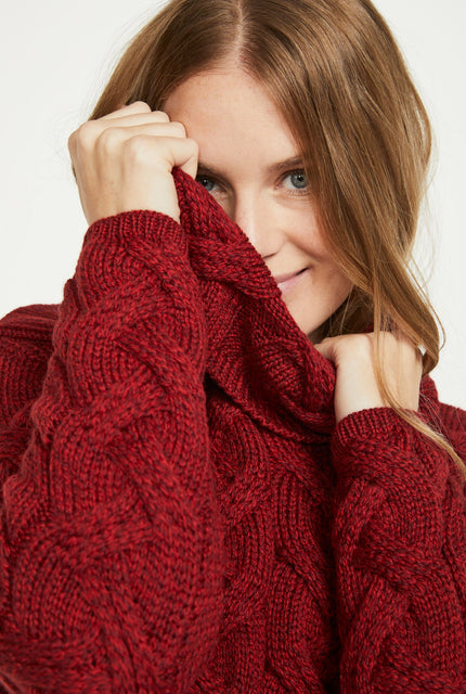 Merino wool, sweater, knitwear, made in Ireland, aran knitwear, woollen jumper,aran, red sweater, ladies' sweater, Ireland, roll neck 