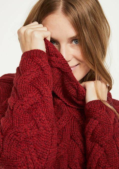 Merino wool, sweater, knitwear, made in Ireland, aran knitwear, woollen jumper,aran, red sweater, ladies' sweater, Ireland, roll neck 