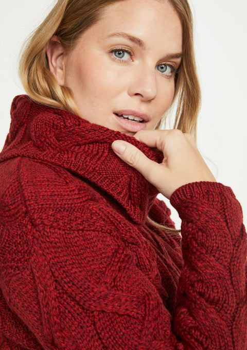 Merino wool, sweater, knitwear, made in Ireland, aran knitwear, woollen jumper,aran, red sweater, ladies' sweater, Ireland, roll neck 