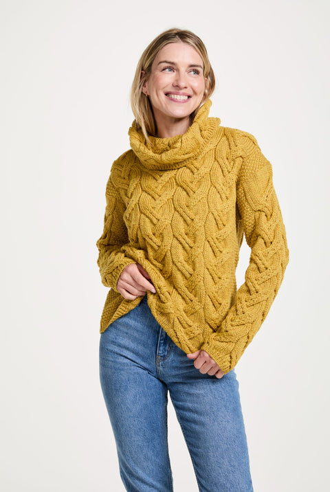 Kinsale Ladies Cable Aran Sweater - Yellow