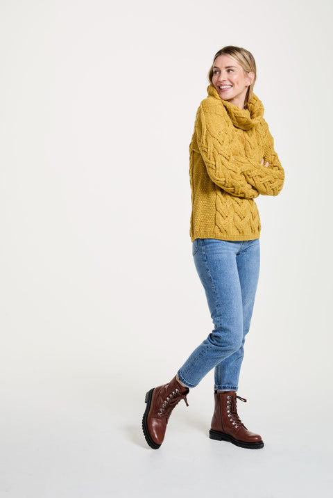 Kinsale Ladies Cable Aran Sweater - Yellow