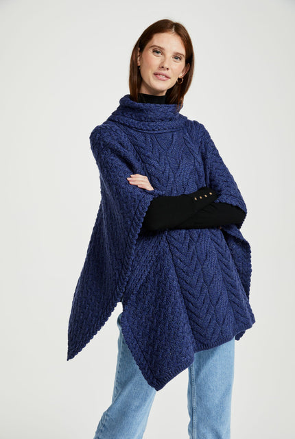 Made in Ireland, navy, poncho, knitwear, aran, wool poncho, wrap, merino wool, made in Ireland