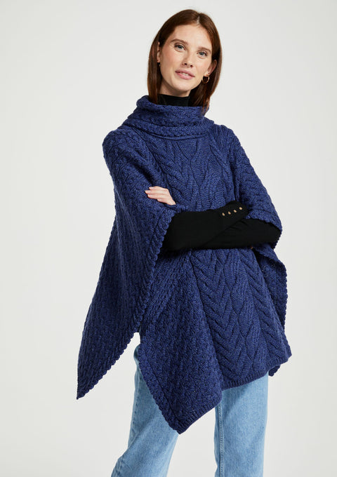 Made in Ireland, navy, poncho, knitwear, aran, wool poncho, wrap, merino wool, made in Ireland