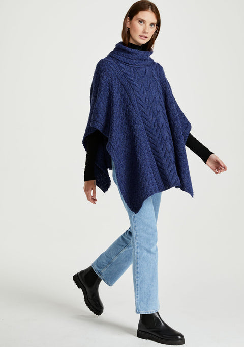 Made in Ireland, navy, poncho, knitwear, aran, wool poncho, wrap, merino wool, made in Ireland