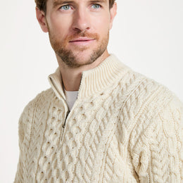 Pull demi-zippé Ballycroy en laine mérinos Aran pour homme - Crème