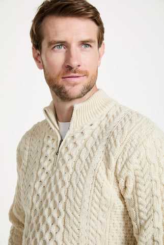 Ballycroy Mens Aran Half Zip Sweater - Cream