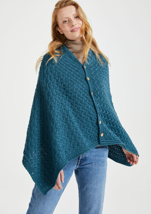 Made in Ireland, poncho, knitwear, aran cape, wool cape, merino wool, teal, Ireland
