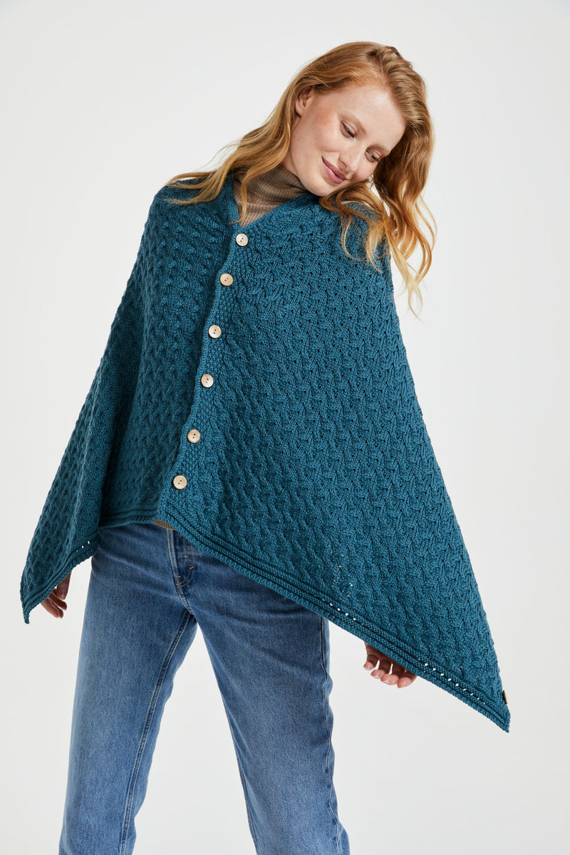 Made in Ireland, poncho, knitwear, aran cape, wool cape, merino wool, blue, cape