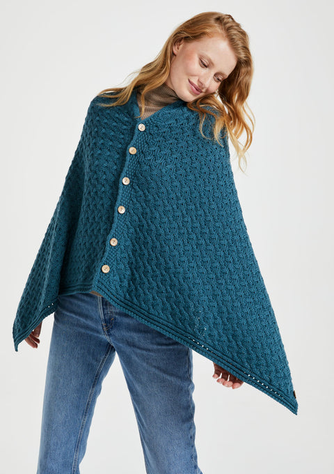 Made in Ireland, poncho, knitwear, aran cape, wool cape, merino wool, blue, cape