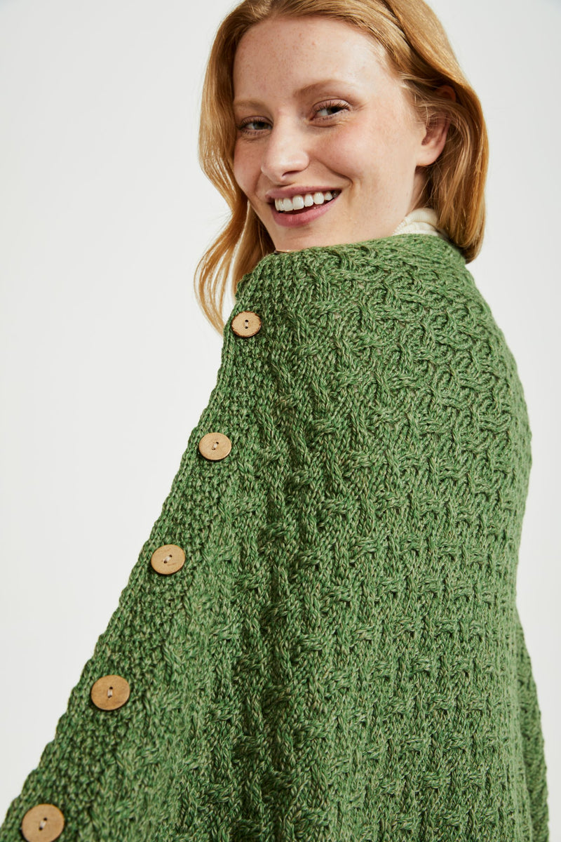 Made in Ireland, poncho, knitwear, aran cape, wool cape, merino wool, green, cape
