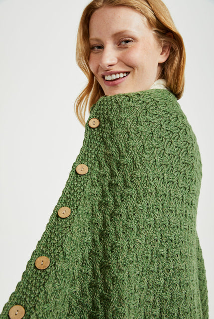 Made in Ireland, poncho, knitwear, aran cape, wool cape, merino wool, green, cape