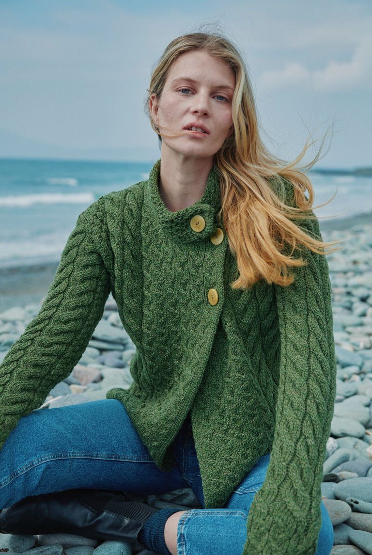 Louisburgh Ladies Cable Aran Cardigan - Meadow Green