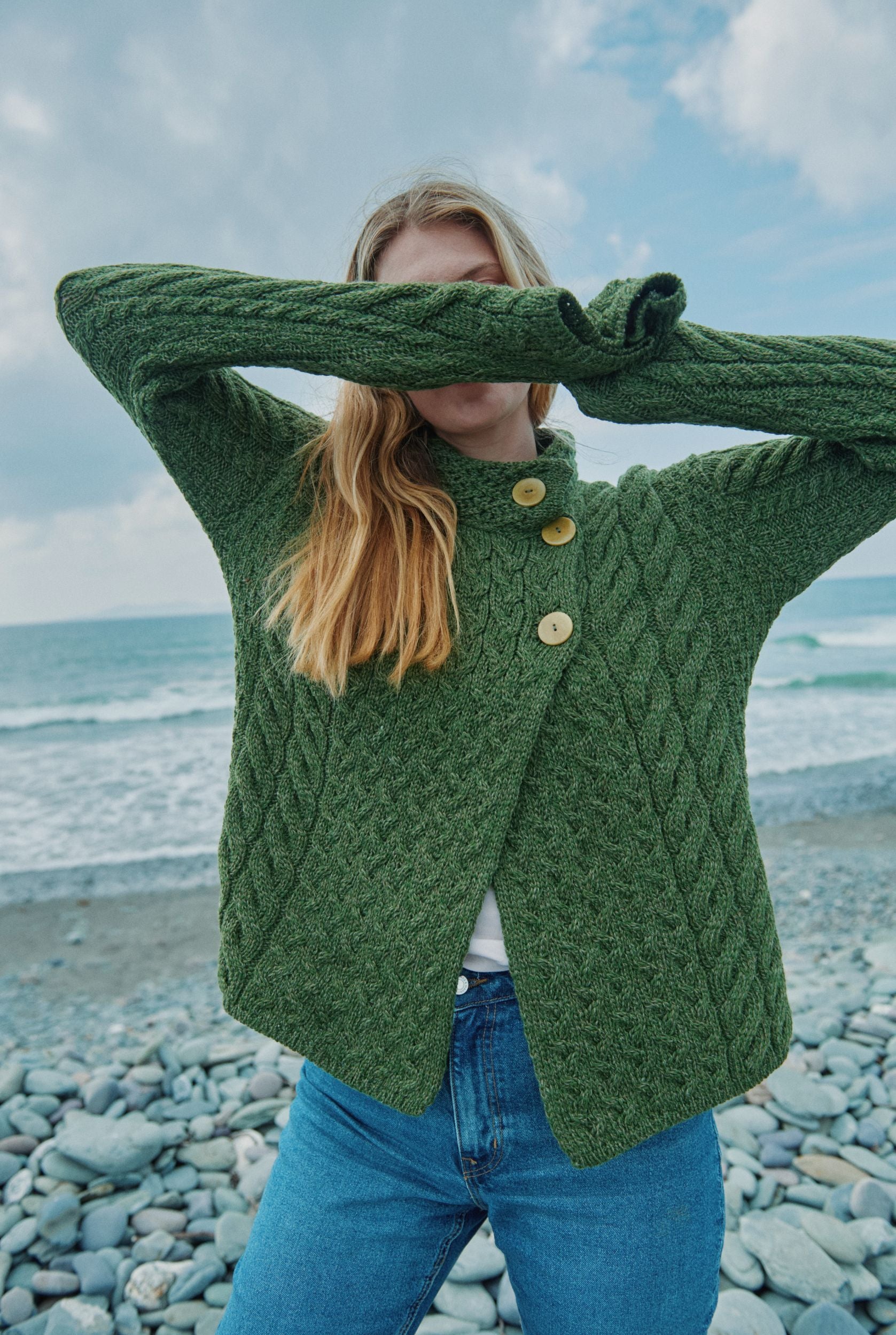 Louisburgh Ladies Cable Aran Cardigan Meadow Green
