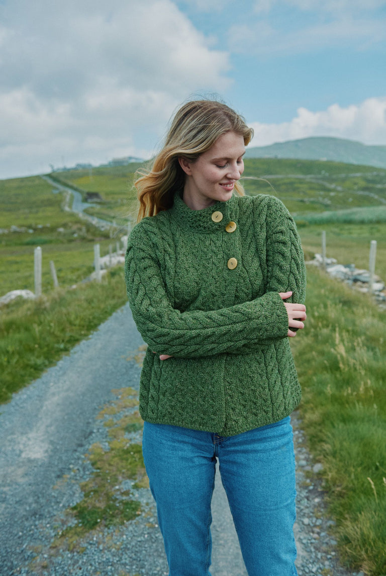 Louisburgh Ladies Cable Aran Cardigan - Meadow Green