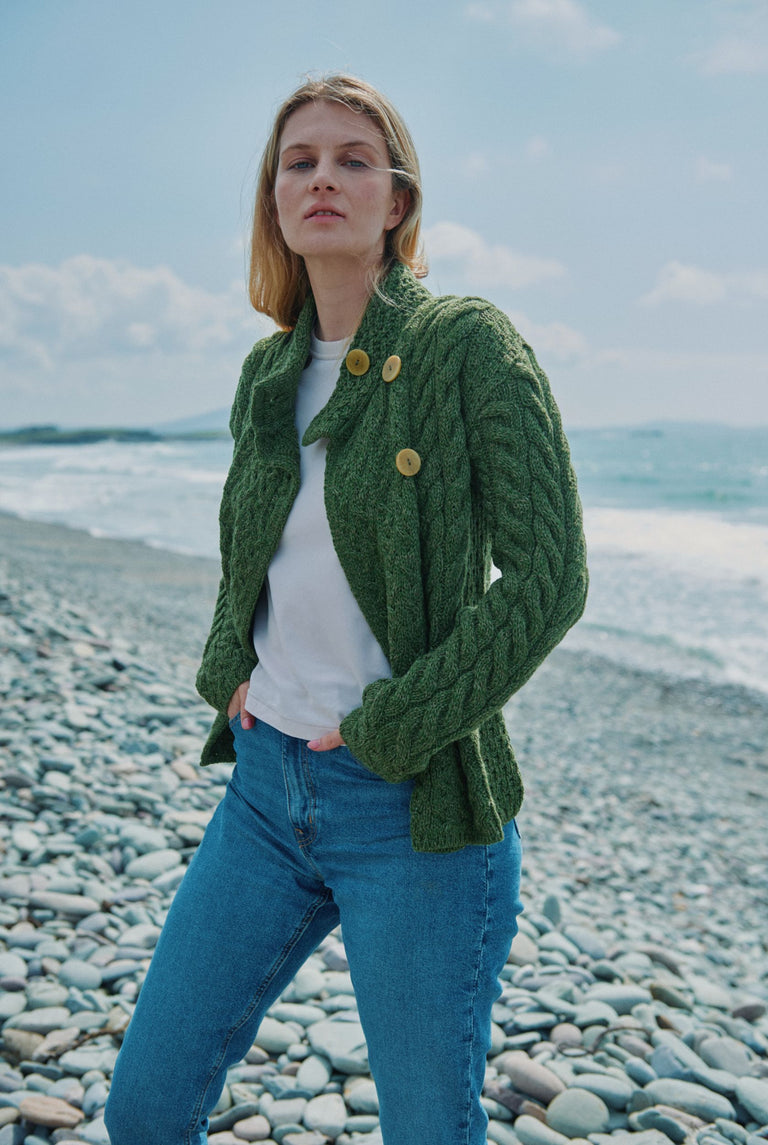 Louisburgh Ladies Cable Aran Cardigan - Meadow Green