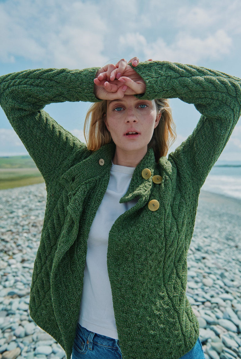 Louisburgh Ladies Cable Aran Cardigan - Meadow Green