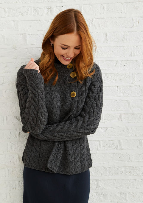Merino wool sweater,  Aran sweater, women's cardigan, knitwear, jumper, Ireland, grey cardigan made in Ireland, wool jumper, cable knit