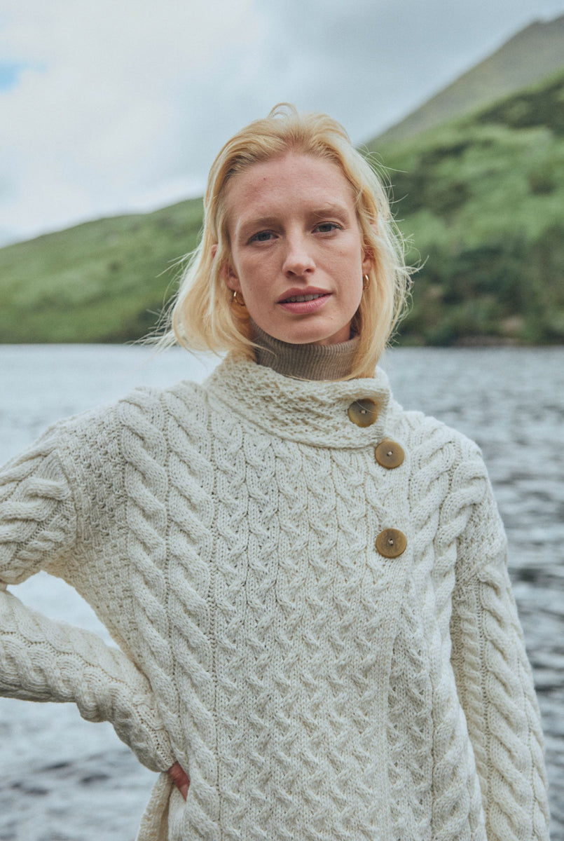 Louisburgh Ladies Cable Aran Cardigan Cream