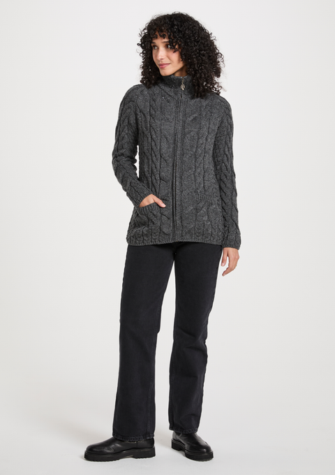 Ríona Ladies Supersoft Merino Relaxed Aran Cardigan - Slate Grey