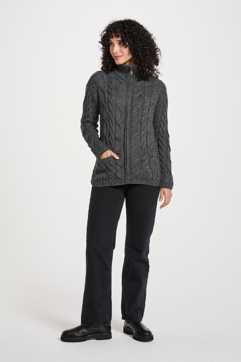 Ríona Ladies Supersoft Merino Relaxed Aran Cardigan - Slate Grey