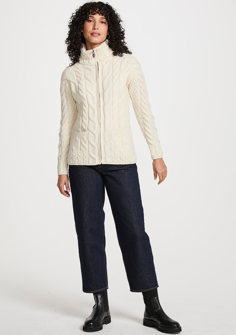 Ríona Ladies Supersoft Merino Relaxed Aran Cardigan - Cream