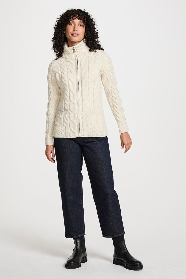 Ríona Ladies Supersoft Merino Relaxed Aran Cardigan - Cream