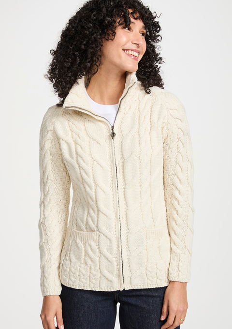 Ríona Ladies Supersoft Merino Relaxed Aran Cardigan - Cream