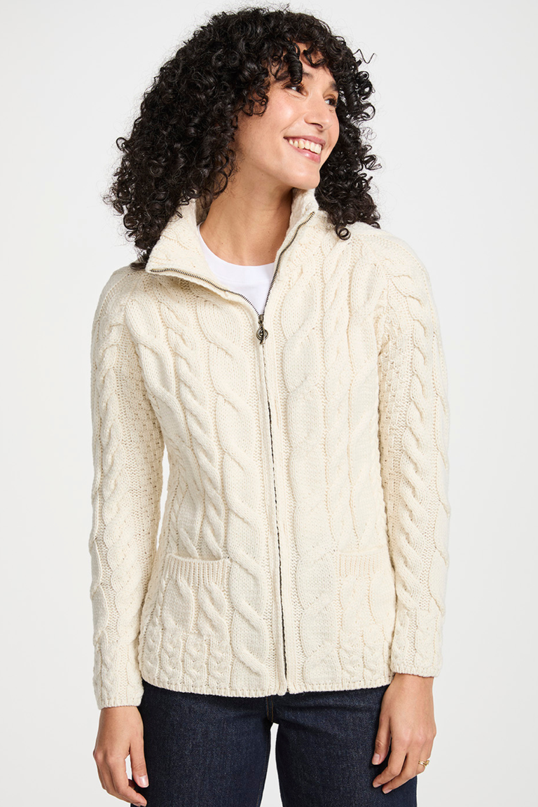 Ríona Ladies Supersoft Merino Relaxed Aran Cardigan - Cream