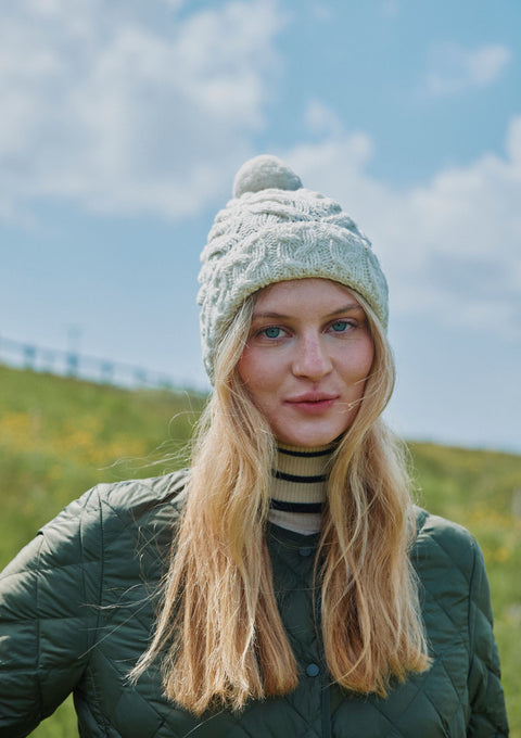Pom Pom, wool hat, Hat & Scarf, gift, knitwear, cream, ladies hat, Ireland, made in ireland,aran