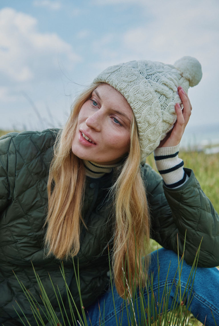 Clifden Cable Aran Hat with Pom Poms -  Cream