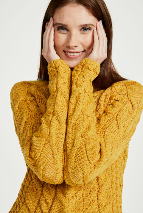 Listowel Ladies Aran Cabled Sweater - Yellow