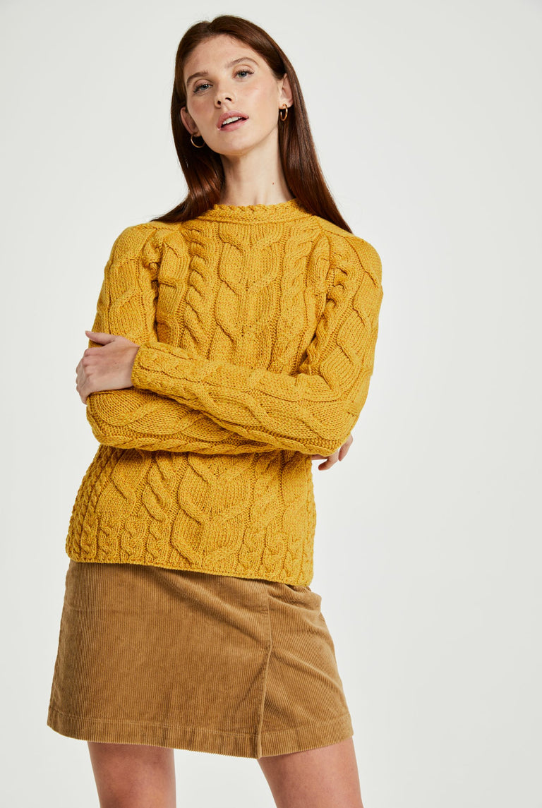 Listowel Ladies Aran Cabled Sweater - Yellow