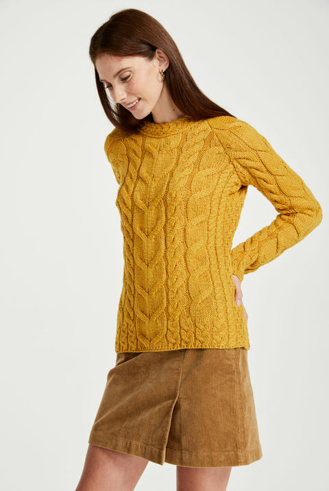 Pull torsadé Aran pour femme Listowel - Jaune