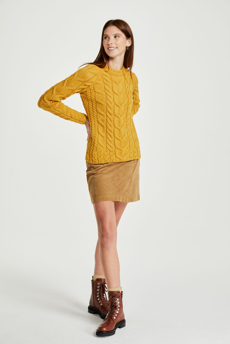 Listowel Ladies Aran Cabled Sweater - Yellow