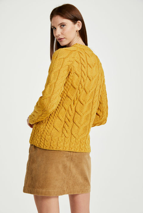 Pull torsadé Aran pour femme Listowel - Jaune