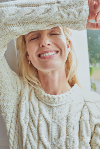 Listowel Ladies Aran Cabled Sweater - Cream