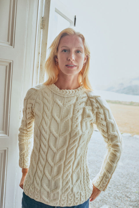 Listowel Ladies Aran Cabled Sweater - Cream