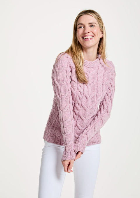 Merino wool sweater, Ireland, Aran knit, jumper, Pullover, women's sweater, made in Ireland, knitwear, cable knit, pink