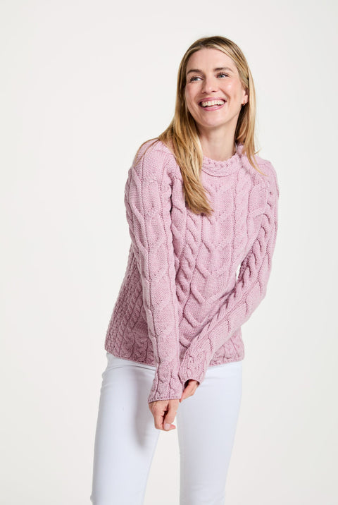 Listowel Ladies Aran Cabled Sweater - Blush Pink