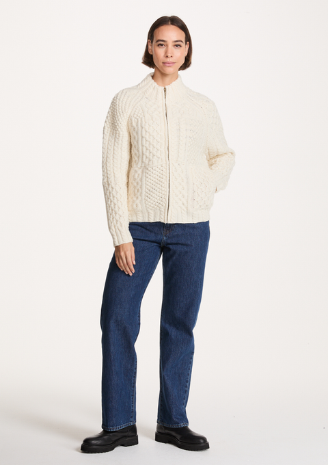 Sadhbh Ladies 100% Merino Patchwork Full Zip Cardigan - Cream